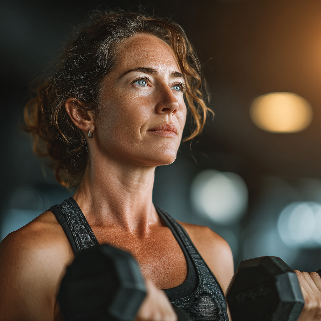 Confident middle-aged woman in her late 40s doing strength training with dumbbells in modern gym, wearing athletic wear and showing determination