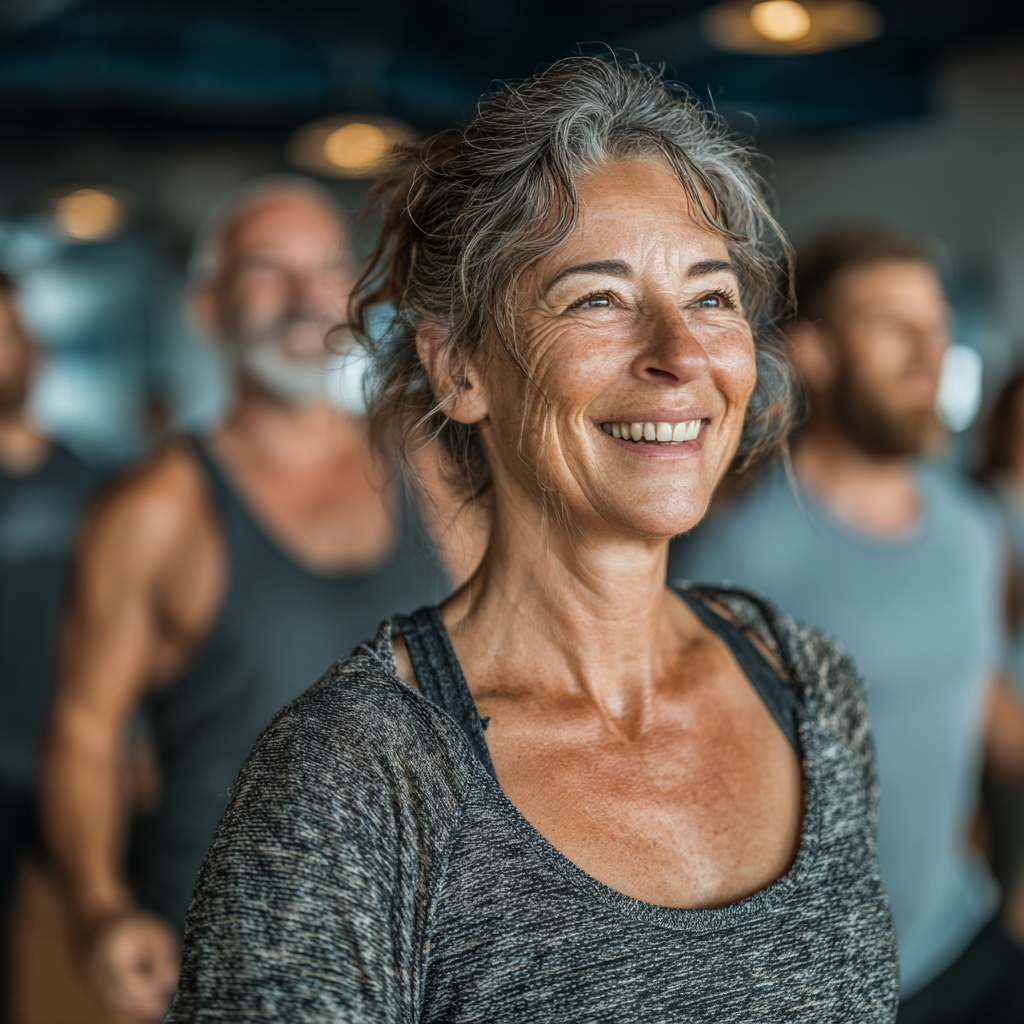 Enthusiastic fitness instructor aged 50 leading group exercise class with diverse middle-aged participants in bright modern studio